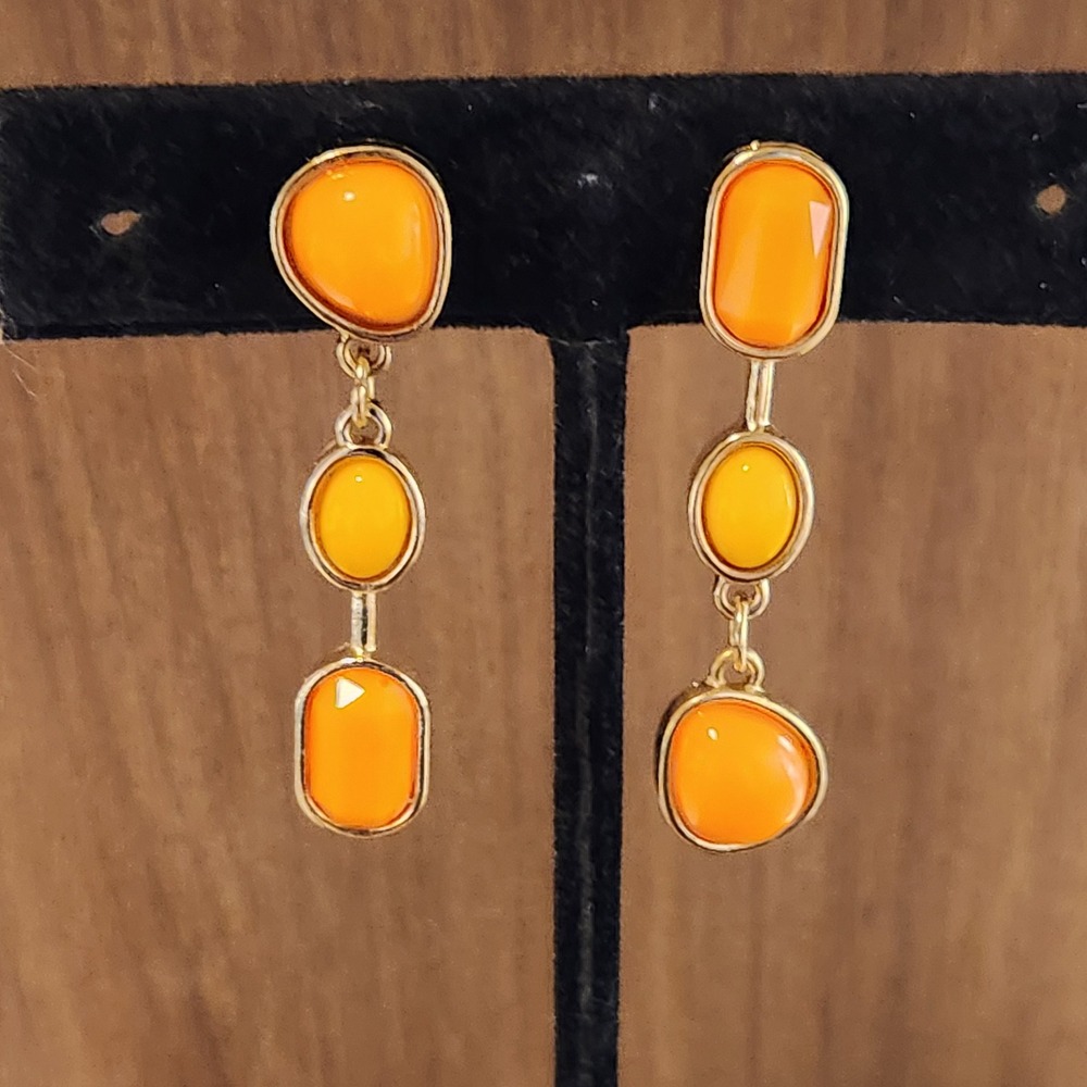 Orange Yellow Tiered Drop Clip On Earrings Gold Tone Geometric Statement